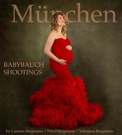 Babybauch Shooting in München rotes Kleid Schwangerschaft Fotos machen lassen im Fotostudio